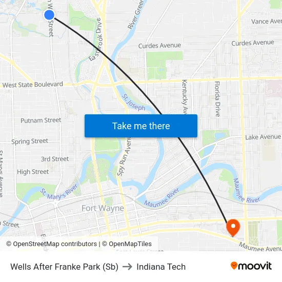 Wells After Franke Park (Sb) to Indiana Tech map