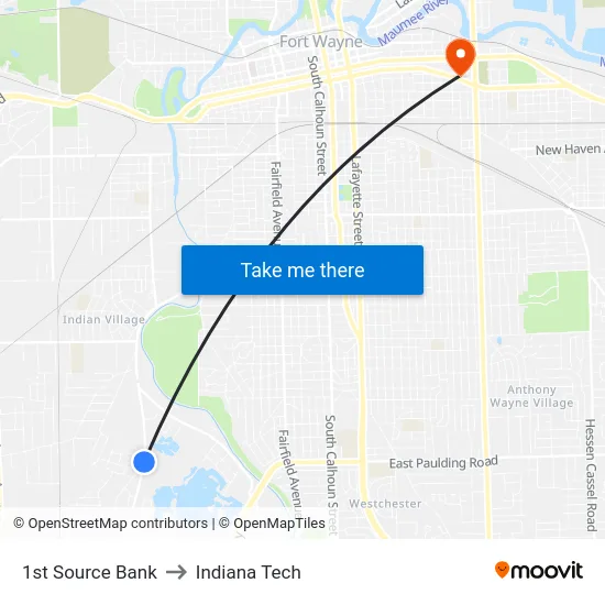 1st Source Bank to Indiana Tech map