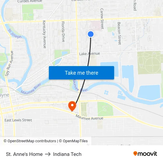 St. Anne's Home to Indiana Tech map
