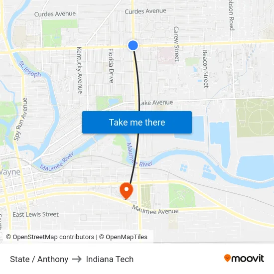 State / Anthony to Indiana Tech map