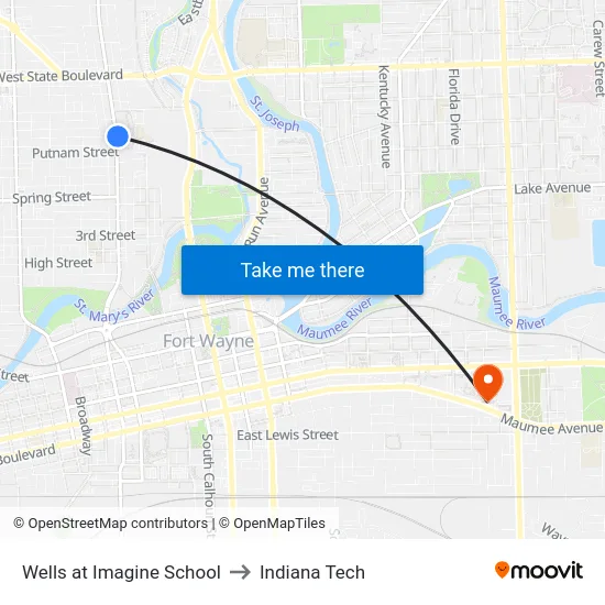 Wells at Imagine School to Indiana Tech map