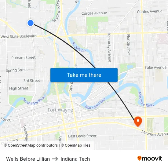 Wells Before Lillian to Indiana Tech map