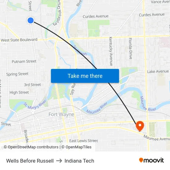 Wells Before Russell to Indiana Tech map