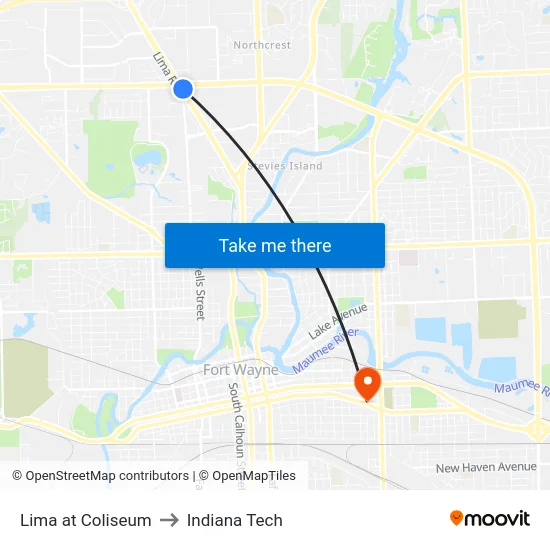 Lima at Coliseum to Indiana Tech map