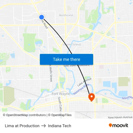 Lima at Production to Indiana Tech map