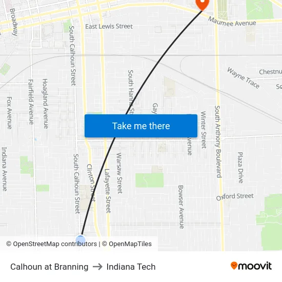 Calhoun at Branning to Indiana Tech map