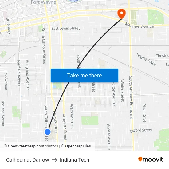 Calhoun at Darrow to Indiana Tech map