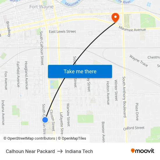 Calhoun Near Packard to Indiana Tech map