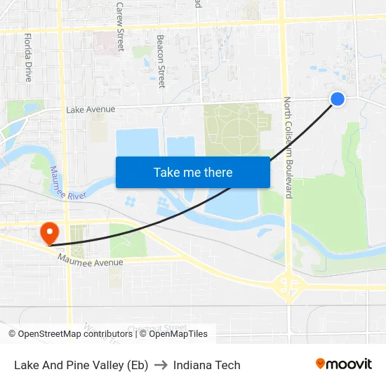 Lake And Pine Valley (Eb) to Indiana Tech map