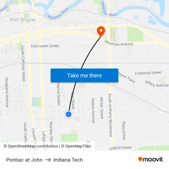 Pontiac at John to Indiana Tech map