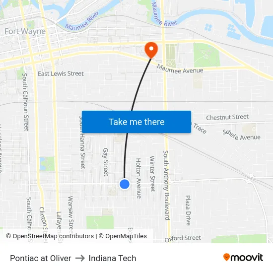 Pontiac at Oliver to Indiana Tech map