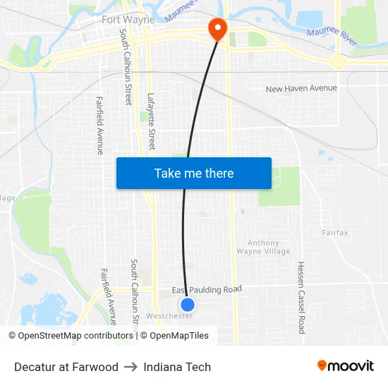Decatur at Farwood to Indiana Tech map