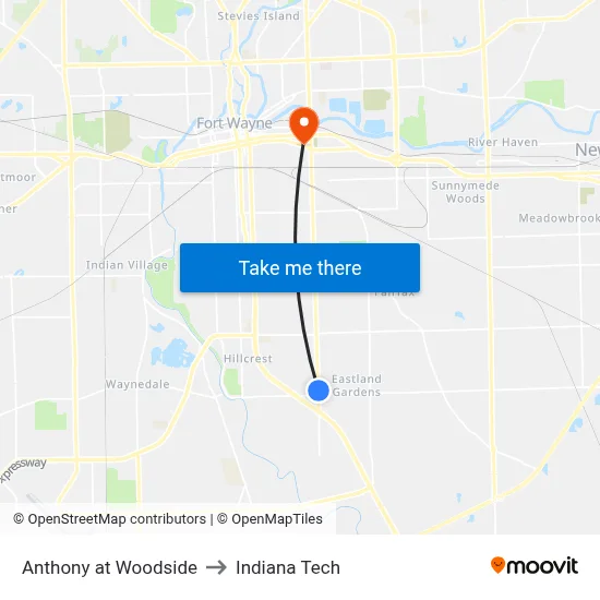Anthony at Woodside to Indiana Tech map