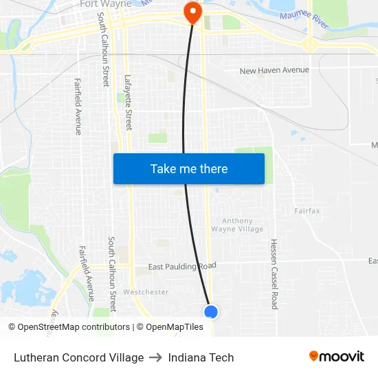 Lutheran Concord Village to Indiana Tech map