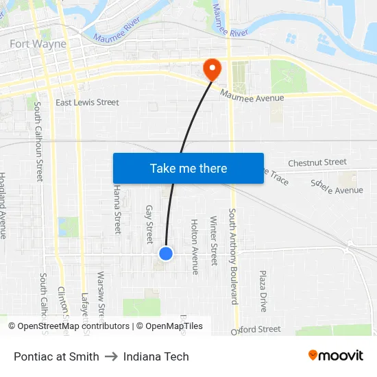 Pontiac at Smith to Indiana Tech map