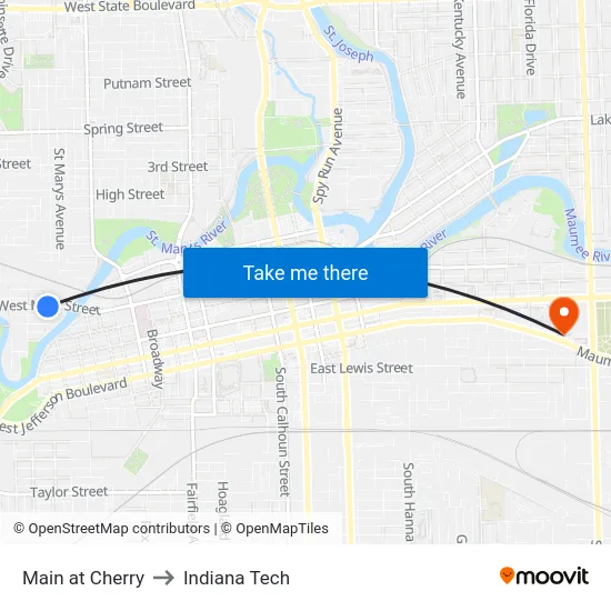 Main at Cherry to Indiana Tech map