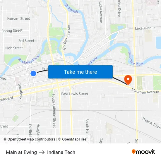 Main at Ewing to Indiana Tech map