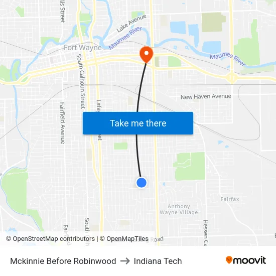 Mckinnie Before Robinwood to Indiana Tech map