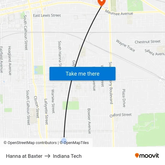 Hanna at Baxter to Indiana Tech map