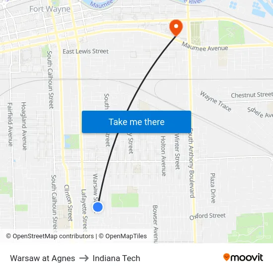 Warsaw at Agnes to Indiana Tech map