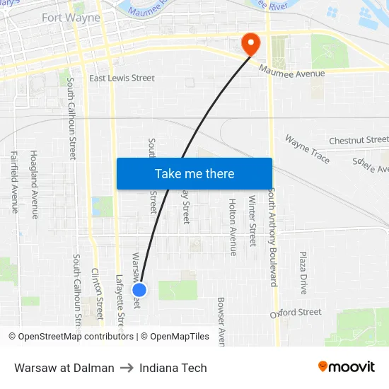 Warsaw at Dalman to Indiana Tech map