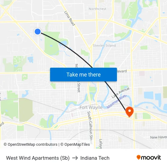 West Wind Apartments (Sb) to Indiana Tech map