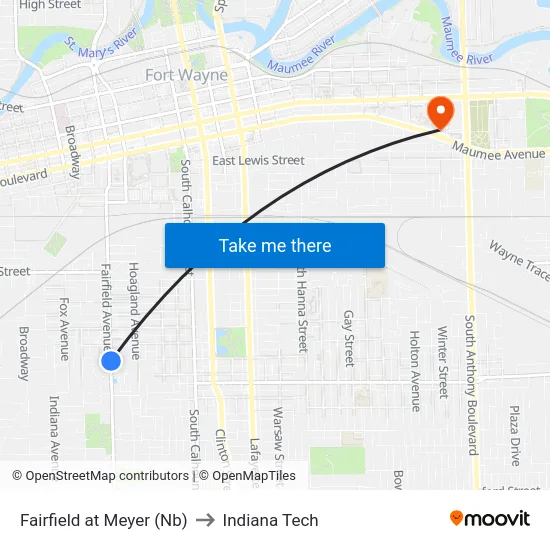 Fairfield at Meyer (Nb) to Indiana Tech map