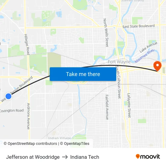 Jefferson at Woodridge to Indiana Tech map