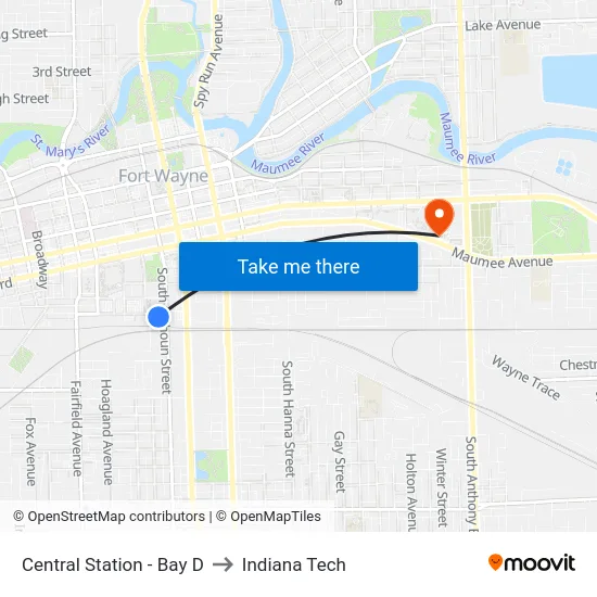 Central Station - Bay D to Indiana Tech map