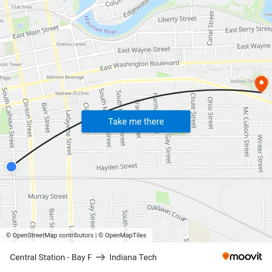 Central Station - Bay F to Indiana Tech map