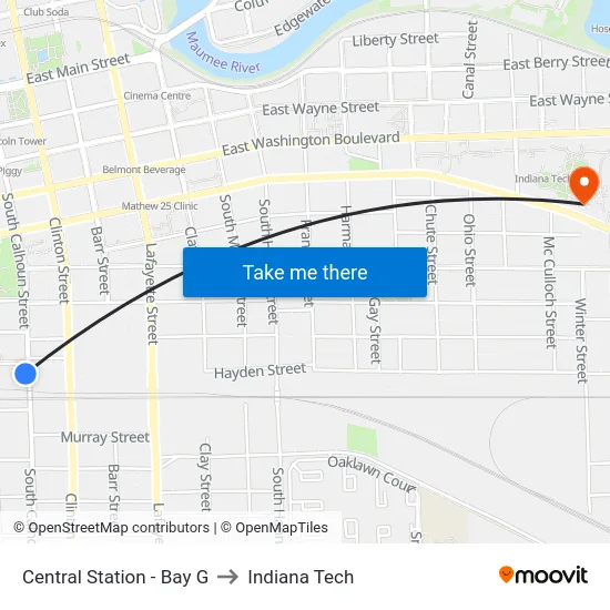 Central Station - Bay G to Indiana Tech map