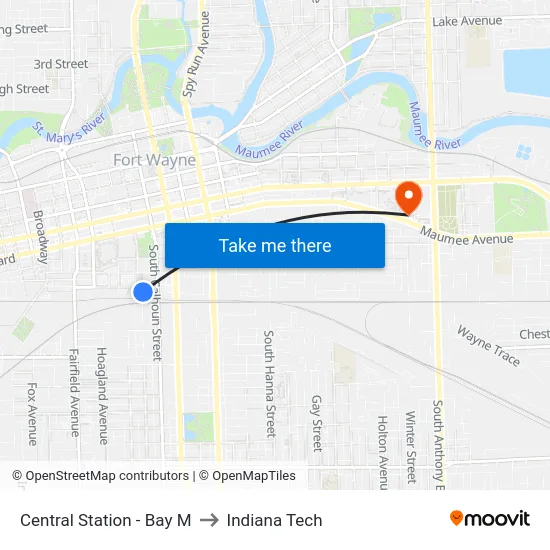 Central Station - Bay M to Indiana Tech map