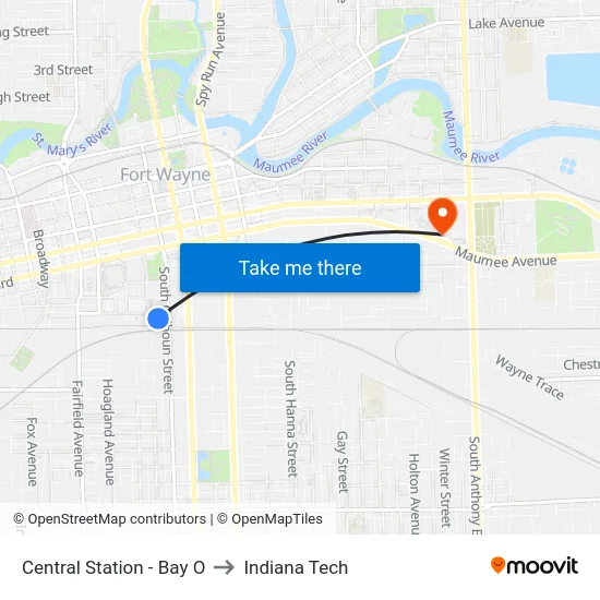 Central Station - Bay O to Indiana Tech map