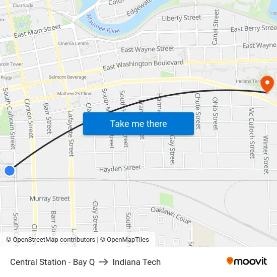 Central Station - Bay Q to Indiana Tech map