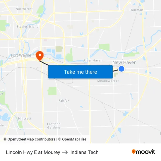 Lincoln Hwy E at Mourey to Indiana Tech map