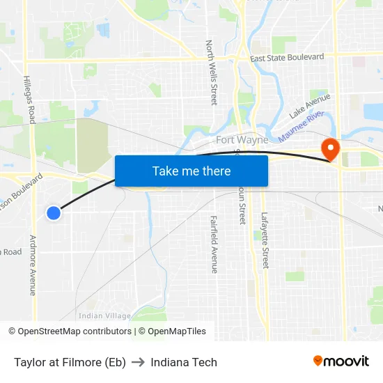 Taylor at Filmore (Eb) to Indiana Tech map
