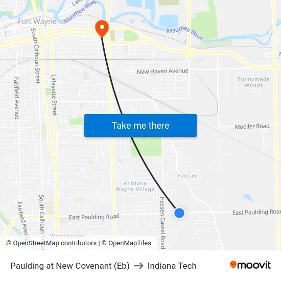 Paulding at New Covenant (Eb) to Indiana Tech map