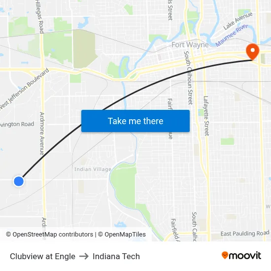 Clubview at Engle to Indiana Tech map