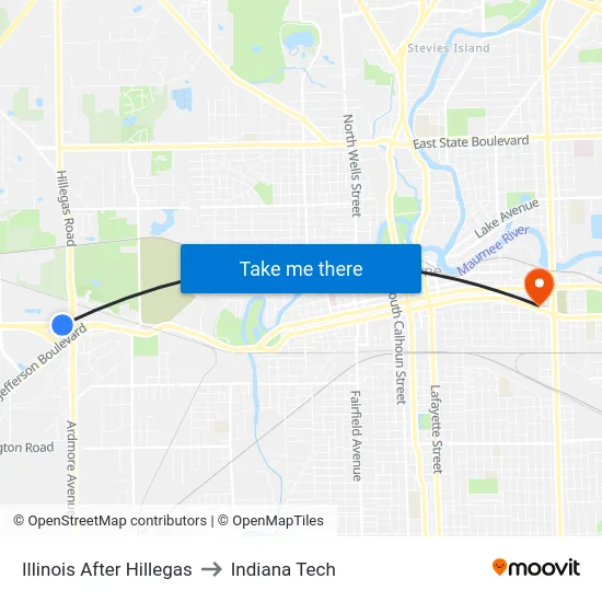 Illinois After Hillegas to Indiana Tech map
