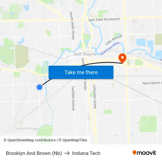 Brooklyn And Brown (Nb) to Indiana Tech map
