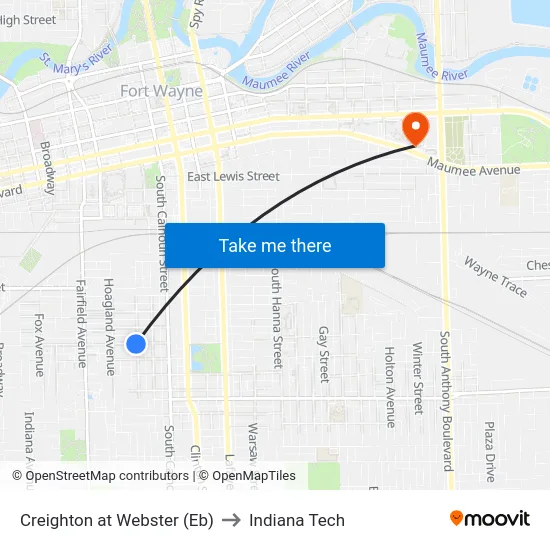 Creighton at Webster (Eb) to Indiana Tech map