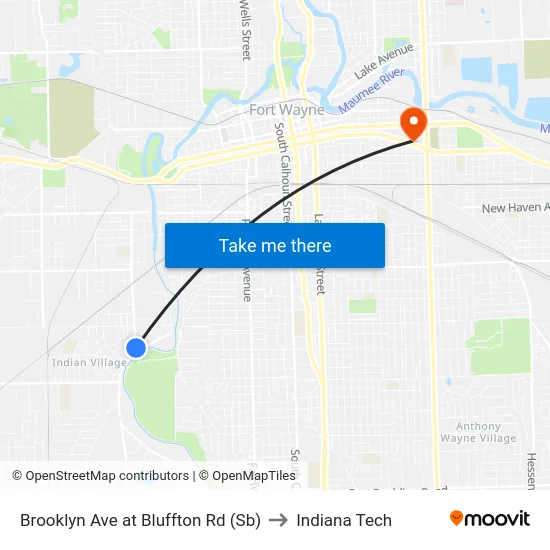 Brooklyn Ave at Bluffton Rd (Sb) to Indiana Tech map