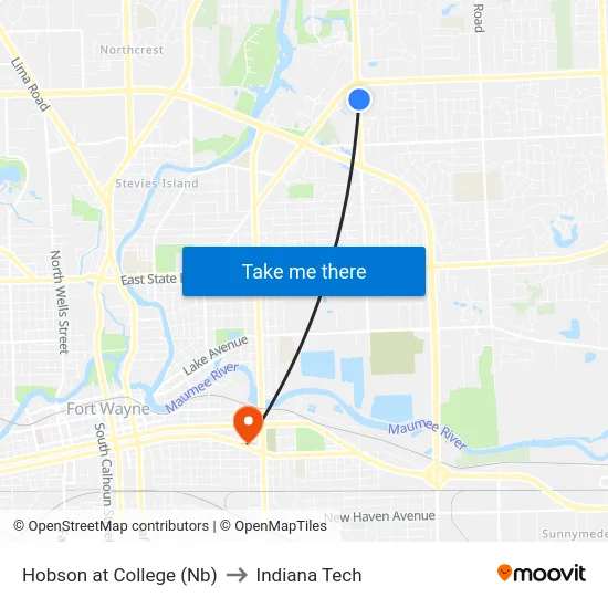 Hobson at College (Nb) to Indiana Tech map