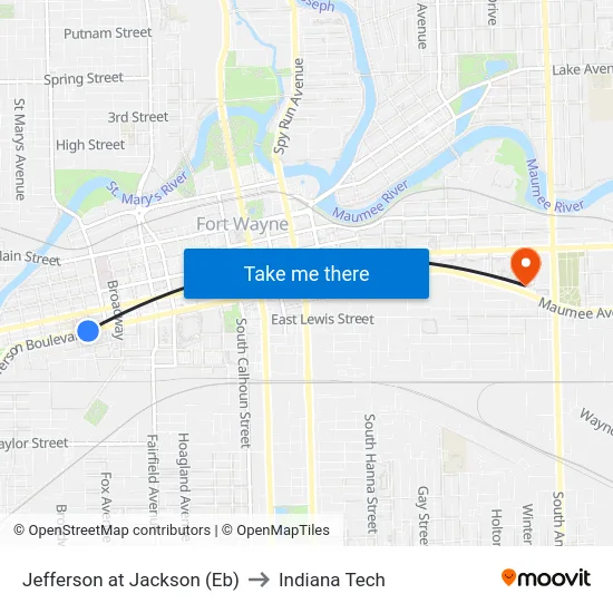 Jefferson at Jackson (Eb) to Indiana Tech map