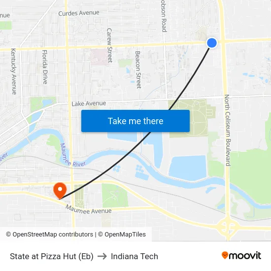 State at Pizza Hut (Eb) to Indiana Tech map
