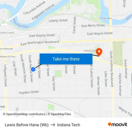 Lewis Before Hana (Wb) to Indiana Tech map