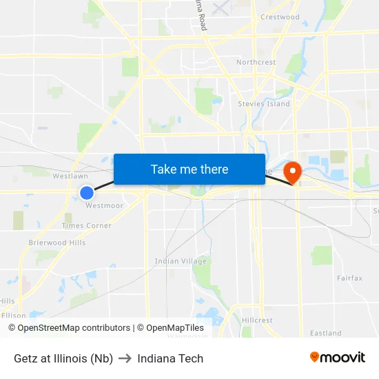 Getz at Illinois (Nb) to Indiana Tech map