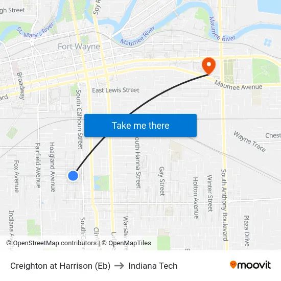 Creighton at Harrison (Eb) to Indiana Tech map