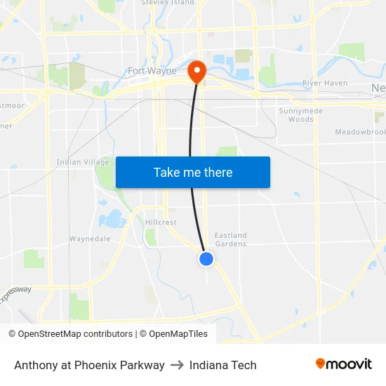 Anthony at Phoenix Parkway to Indiana Tech map