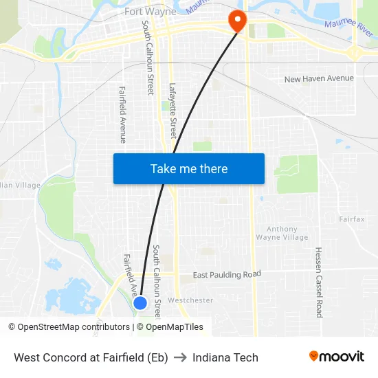 West Concord at Fairfield (Eb) to Indiana Tech map